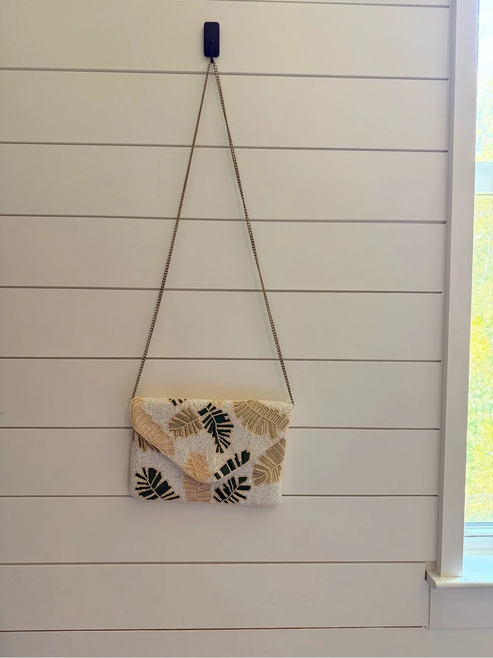 Beaded Tropical Leaf Envelope Clutch Crossbody Bag Gold Chain